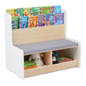 Medinės vaikiškos laikymo lentynos su paminkštintu sėdėjimo suoliuku